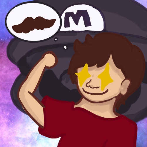 A looming silhouette of Mario in the distance. A person in a red shirt salutes cheerfully, and a thought bubble with Mario's signature moustache is seen over their head.