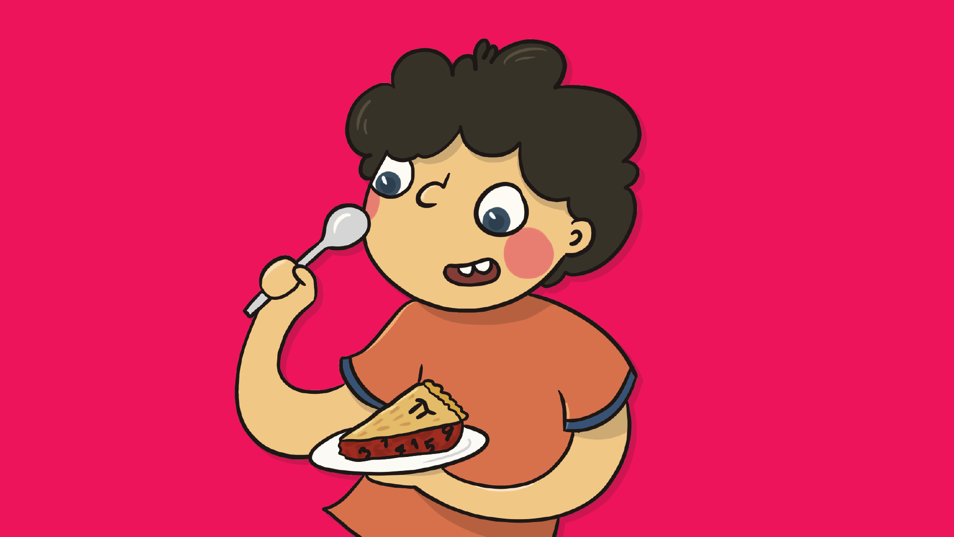 Drawing of a character eating a slice of pie with numbers in it.