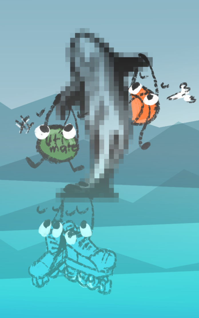 A drawing of an orca trying to hold up a basketball, frisbee, and roller skates.f