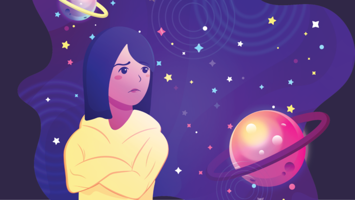 Illustration of a person shrugging at a nebula behind them