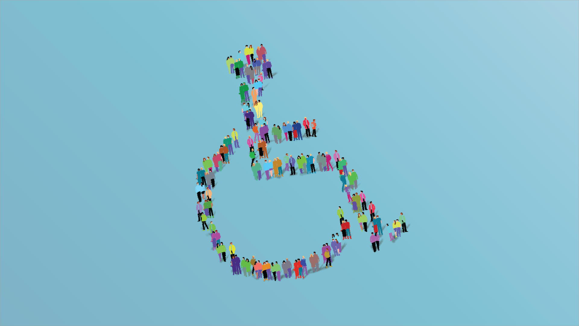 Illustration of the wheelchair disability symbol, made up of many different people.