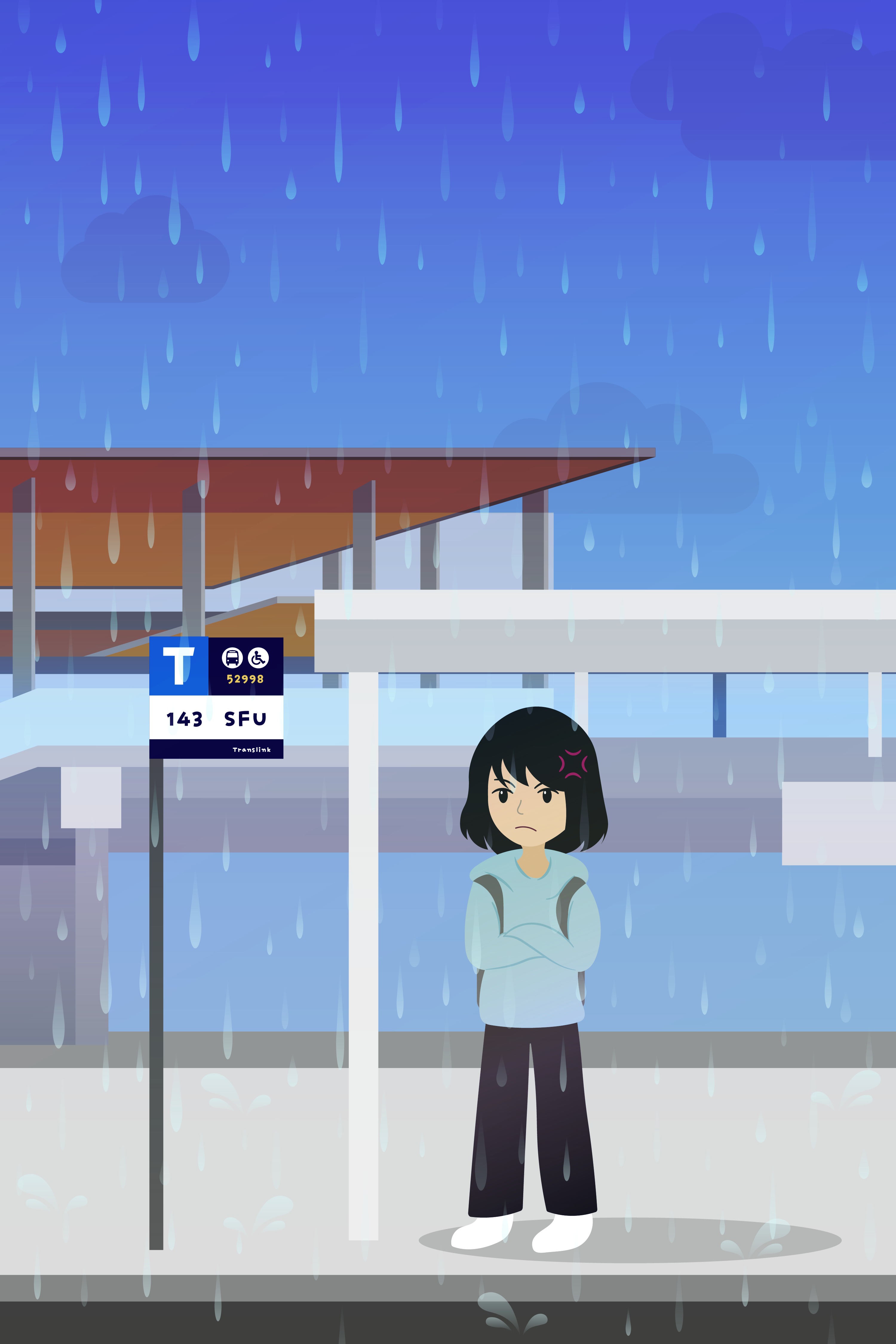 Illustration of a student left stranded on the bus stop.