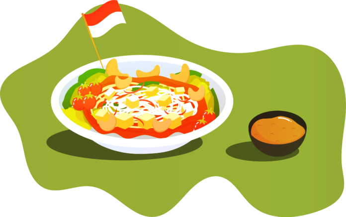 An illustration of Ketoprak in a bowl with a side of peanut sauce an an Indonesian flag on a toothpick