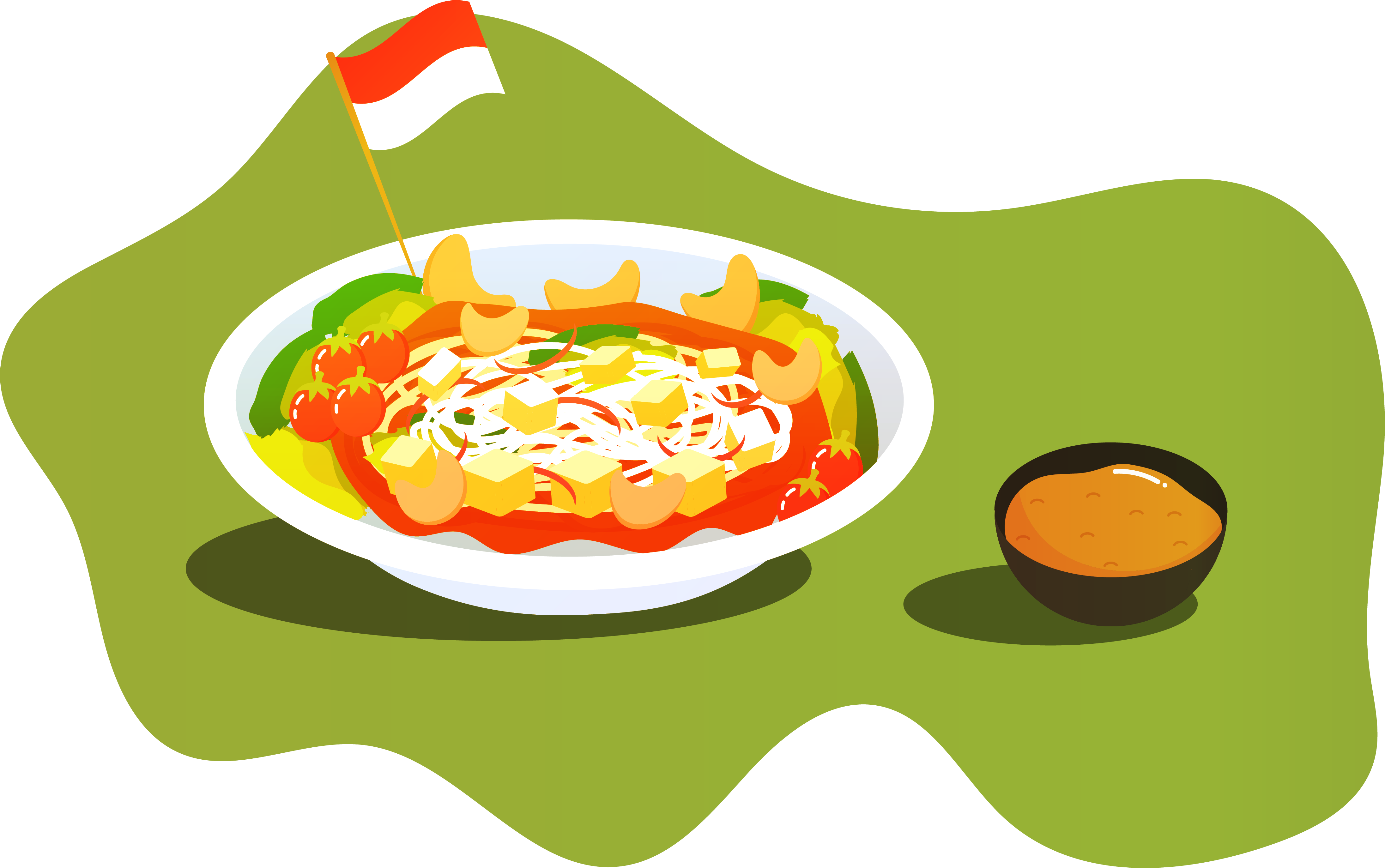 An illustration of Ketoprak in a bowl with a side of peanut sauce an an Indonesian flag on a toothpick
