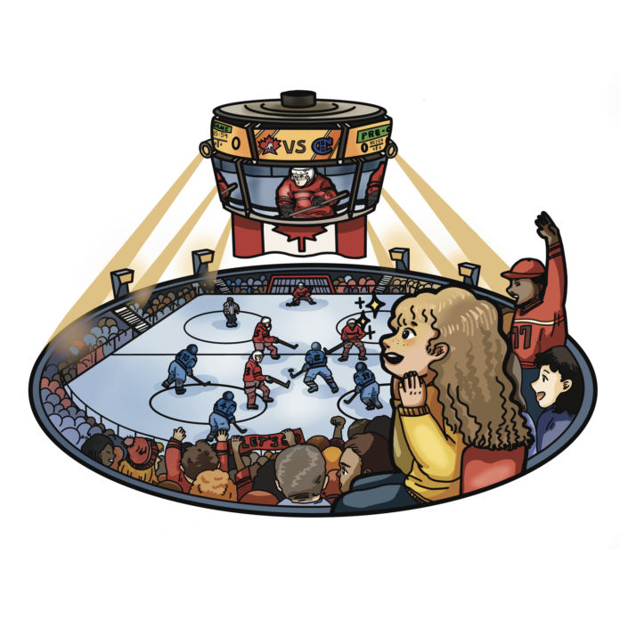 illustration of a girl with long brown curly hair and bangs sitting amazed amongst a crowd at a hockey game.