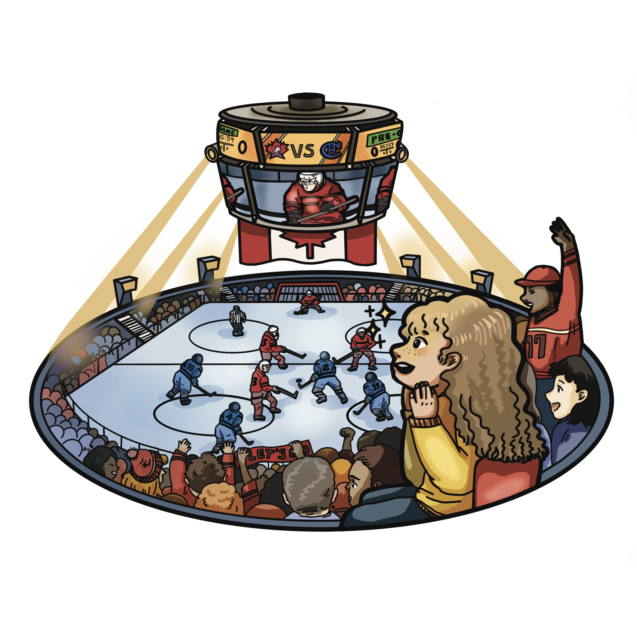 illustration of a girl with long brown curly hair and bangs sitting amazed amongst a crowd at a hockey game.