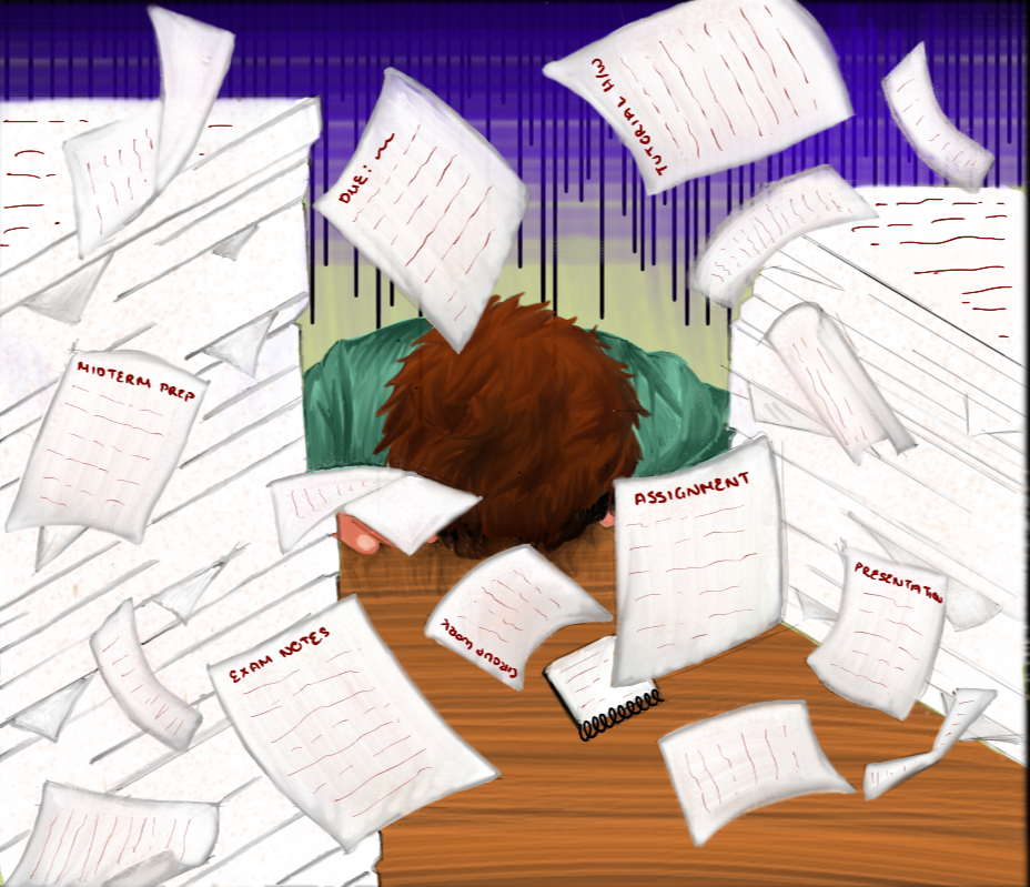 illustration of someone with their head lying on a wooden desk, school papers flying everywhere