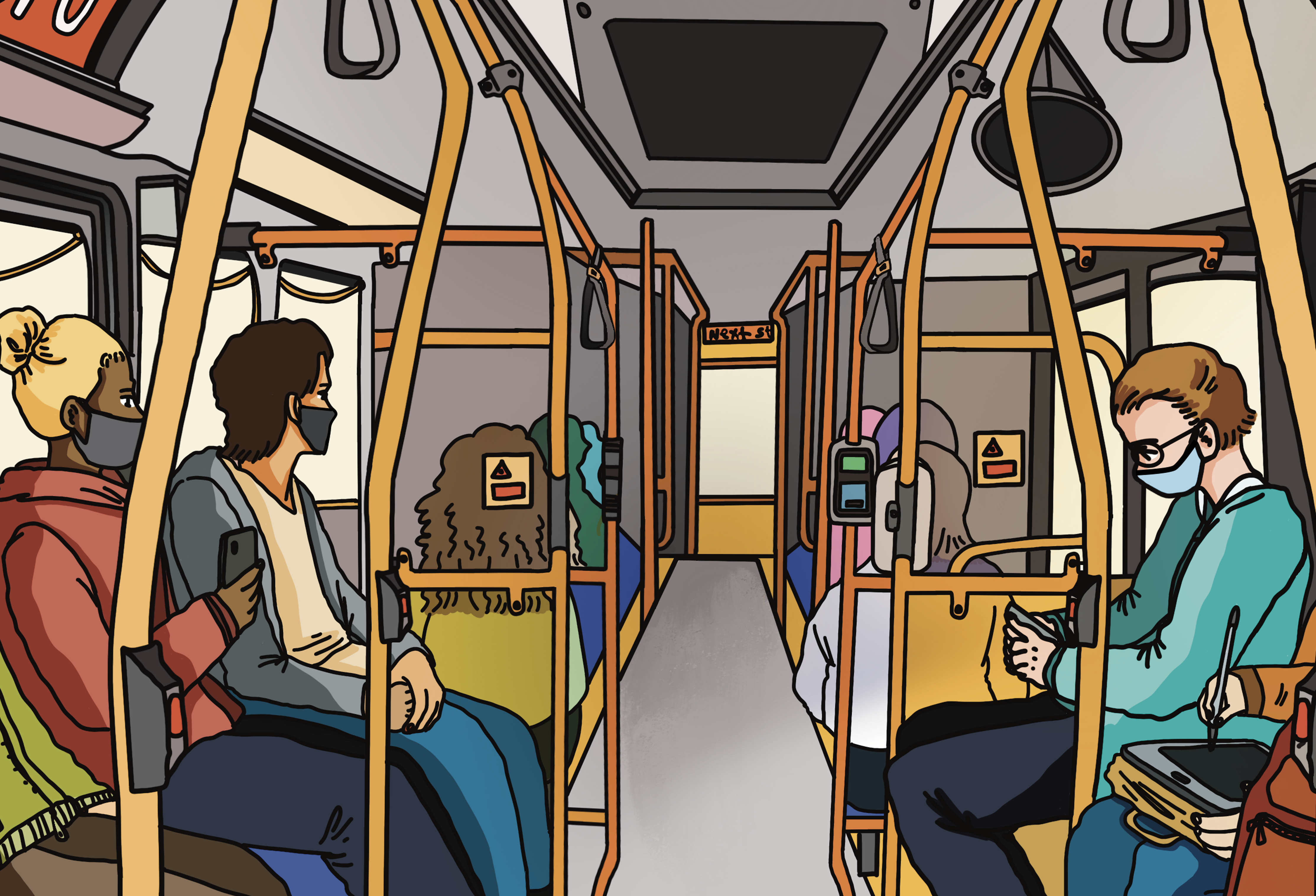 illustration of a bus full of people wearing masks
