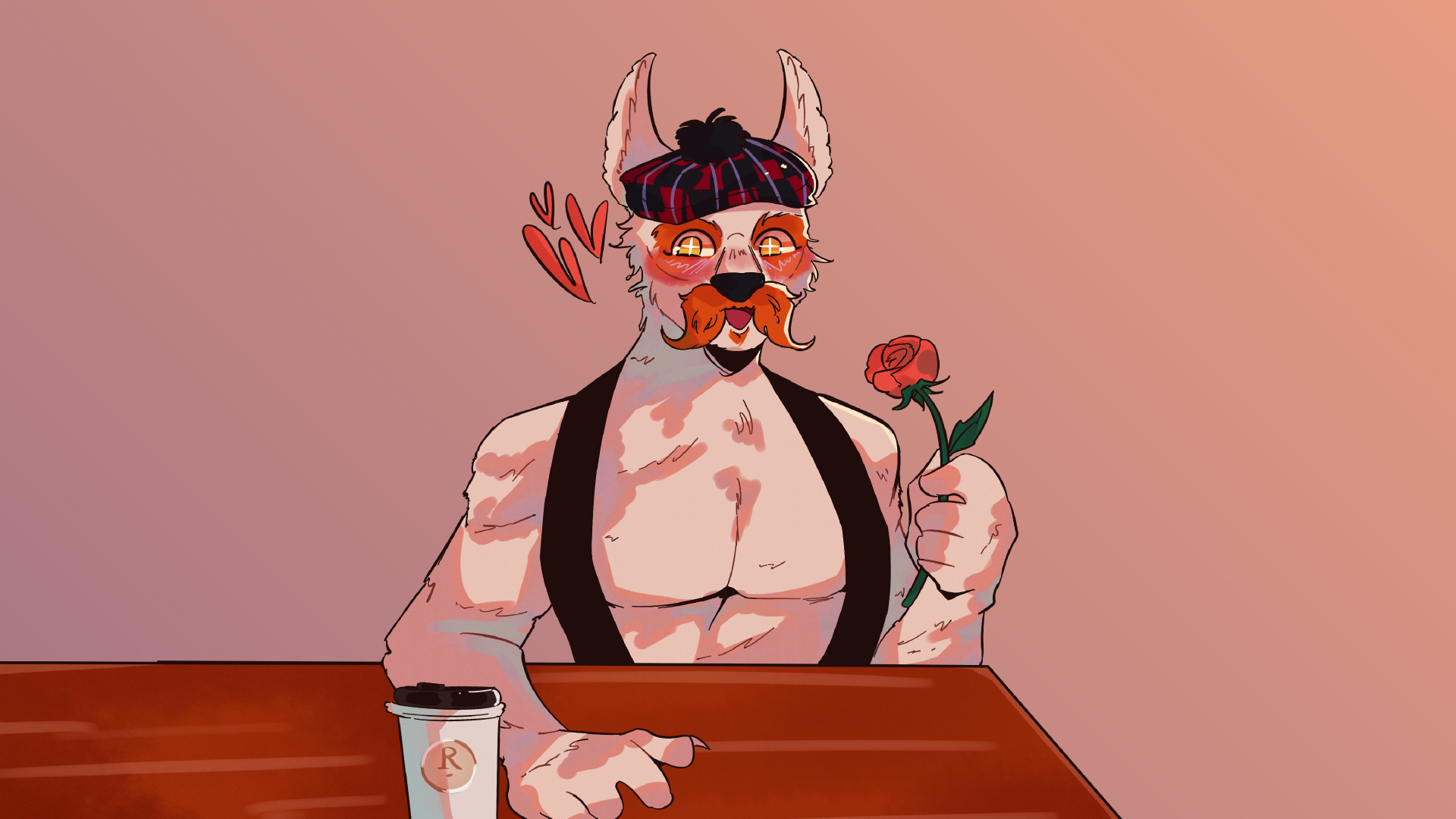 Illustration of McFogg, SFU’s mascot, looking at you across the table, Renaissance coffee in one paw, rose in the other.