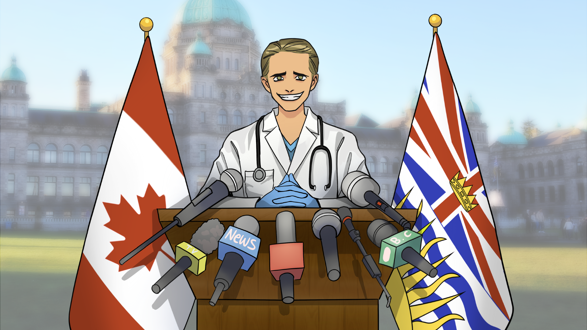 Illustration of a doctor grinning nervously at a lectern for a press conference. BC and Canada flags to the side of the lectern. A cloud is seen behind the doctor and the cloud can have words popping out like COVID statistics and dropping masking policies