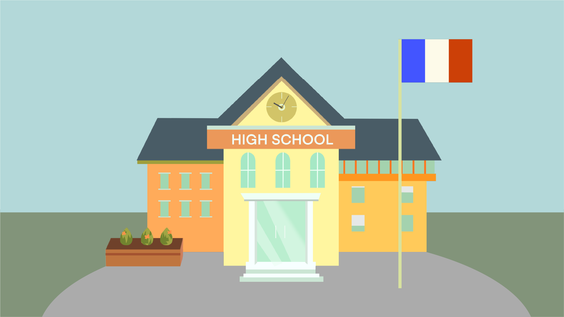 illustration of a high school with a French flag standing in front