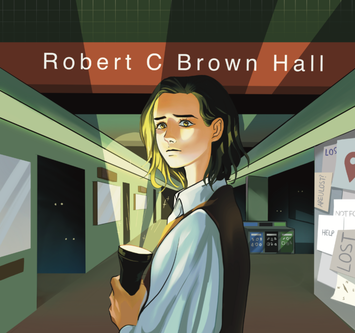 YounginCho_Flashlight An illustration of a student with a haunted look on their face as they carry a flashlight, walking through the dark hallways of RCB.