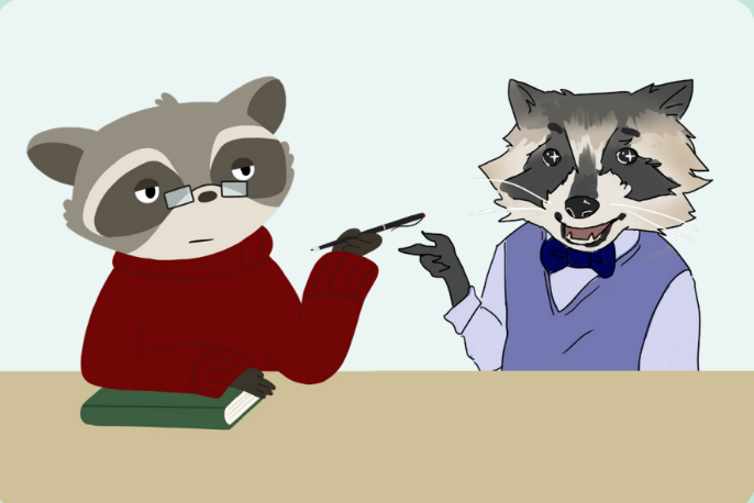 Illustration of two smug raccoons smiling at each other, depicting raccoon personalities Reginald the III and Stinks the Raccoon.
