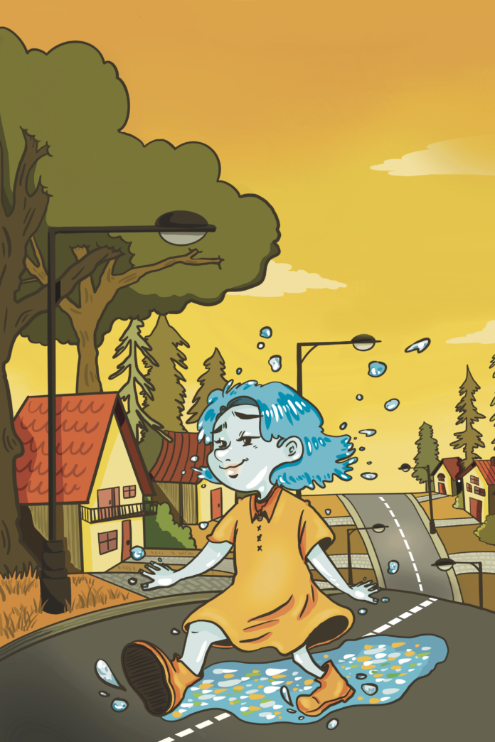 Illustration of the rain, personified as a snooty character.