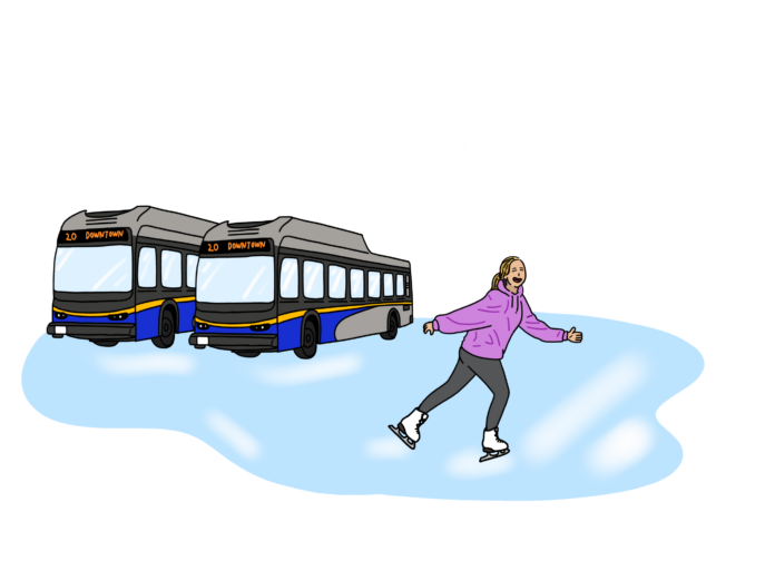 HayeonGil-SFU on ice Illustrations of a student skating up the bus loop like a slip-and-side, a student using a garbage bag as a toboggan to go down the snowy steps of WMC to the lower bus loop, and students walking like a penguin.