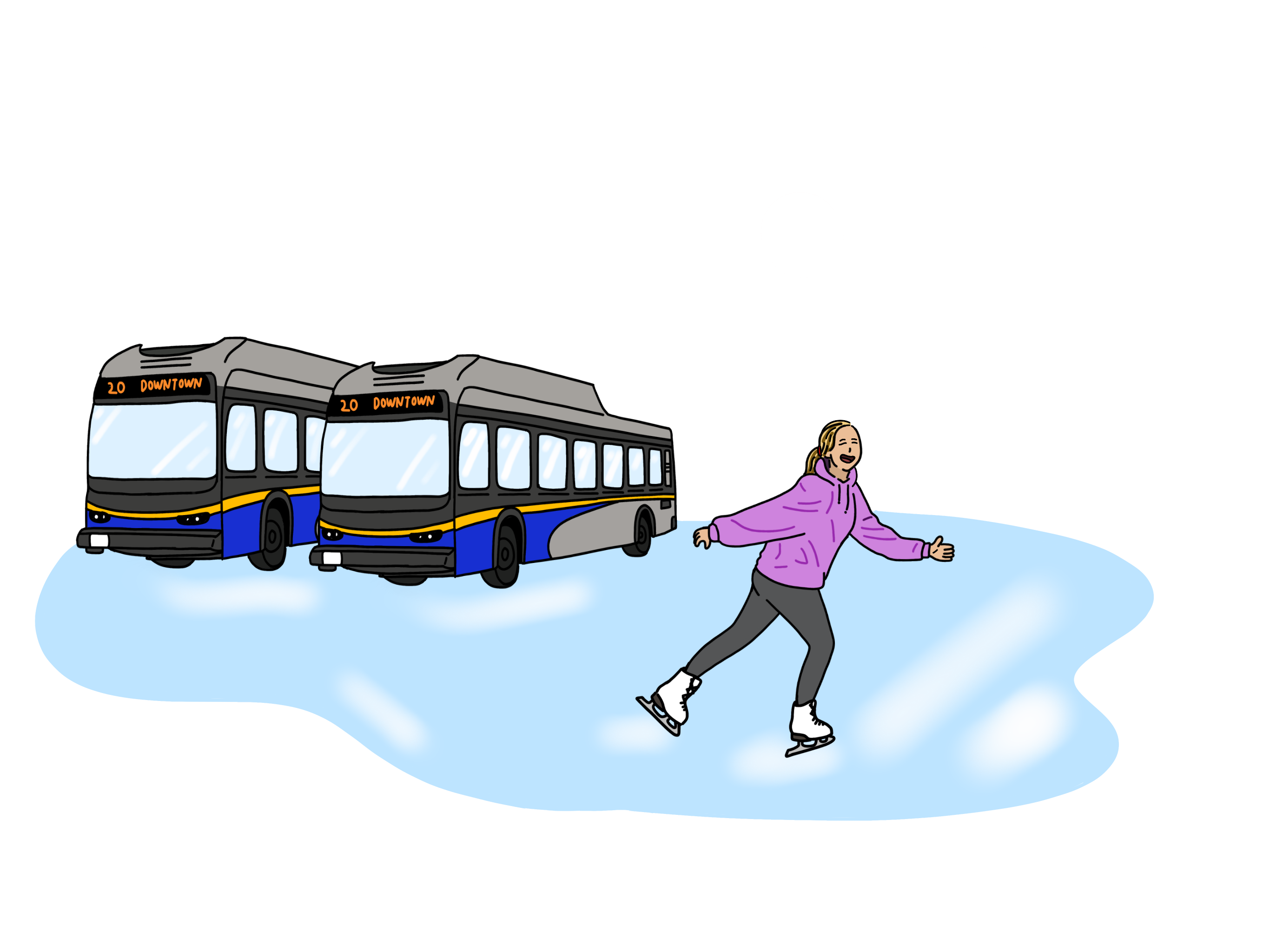Illustrations of a student skating up the bus loop like a slip-and-side, a student using a garbage bag as a toboggan to go down the snowy steps of WMC to the lower bus loop, and students walking like a penguin.