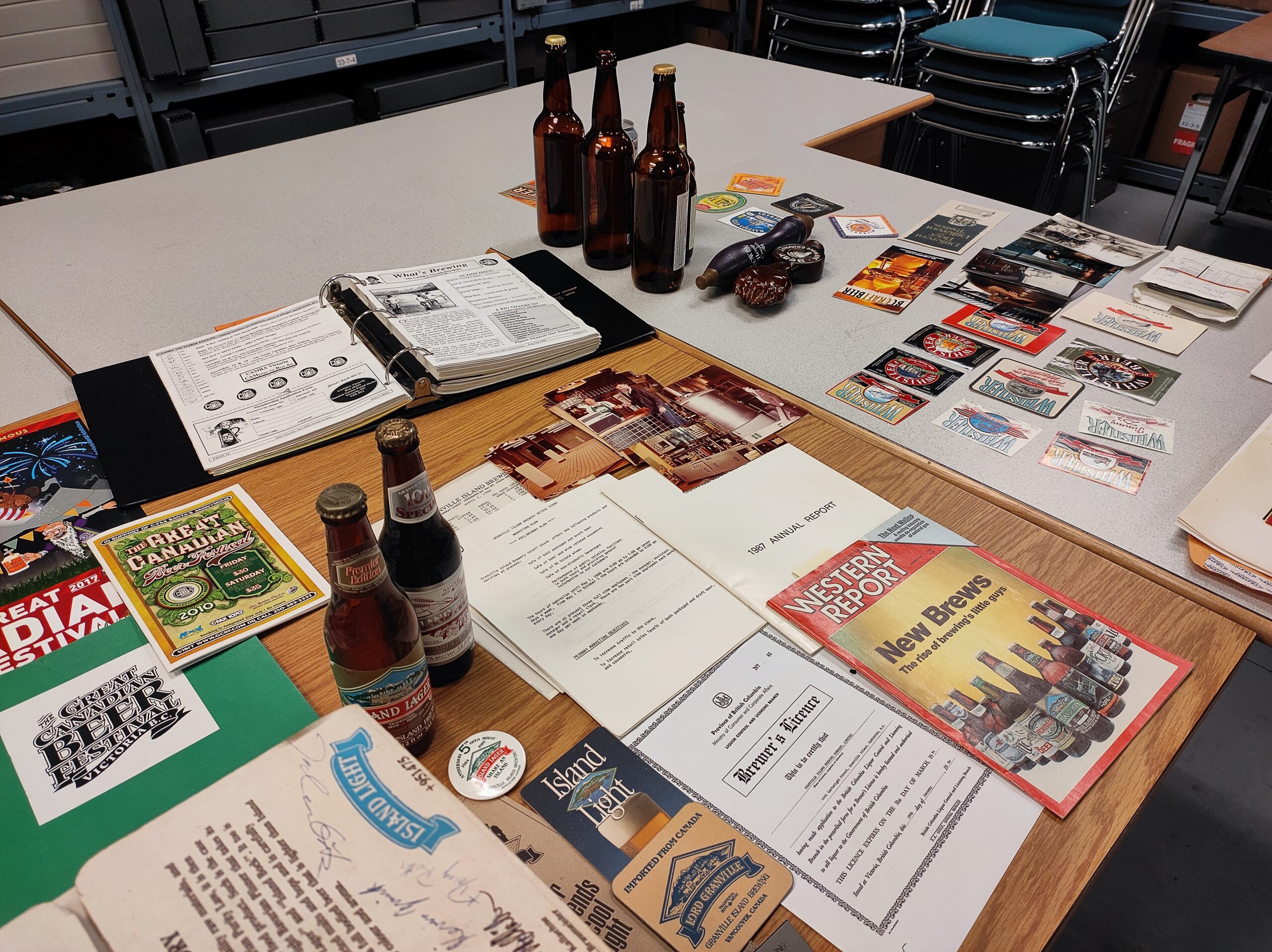 This is a photo of part of the SFU beer archives collection. Various beer memorabilia and artifacts are shown.