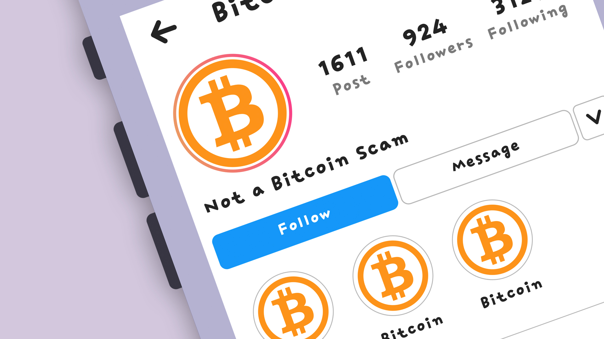 illustration of an instagram account that says “not a bitcoin scam”