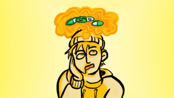 A photo of a person looking longingly upwards. A thought bubble beside them shows Prozac.