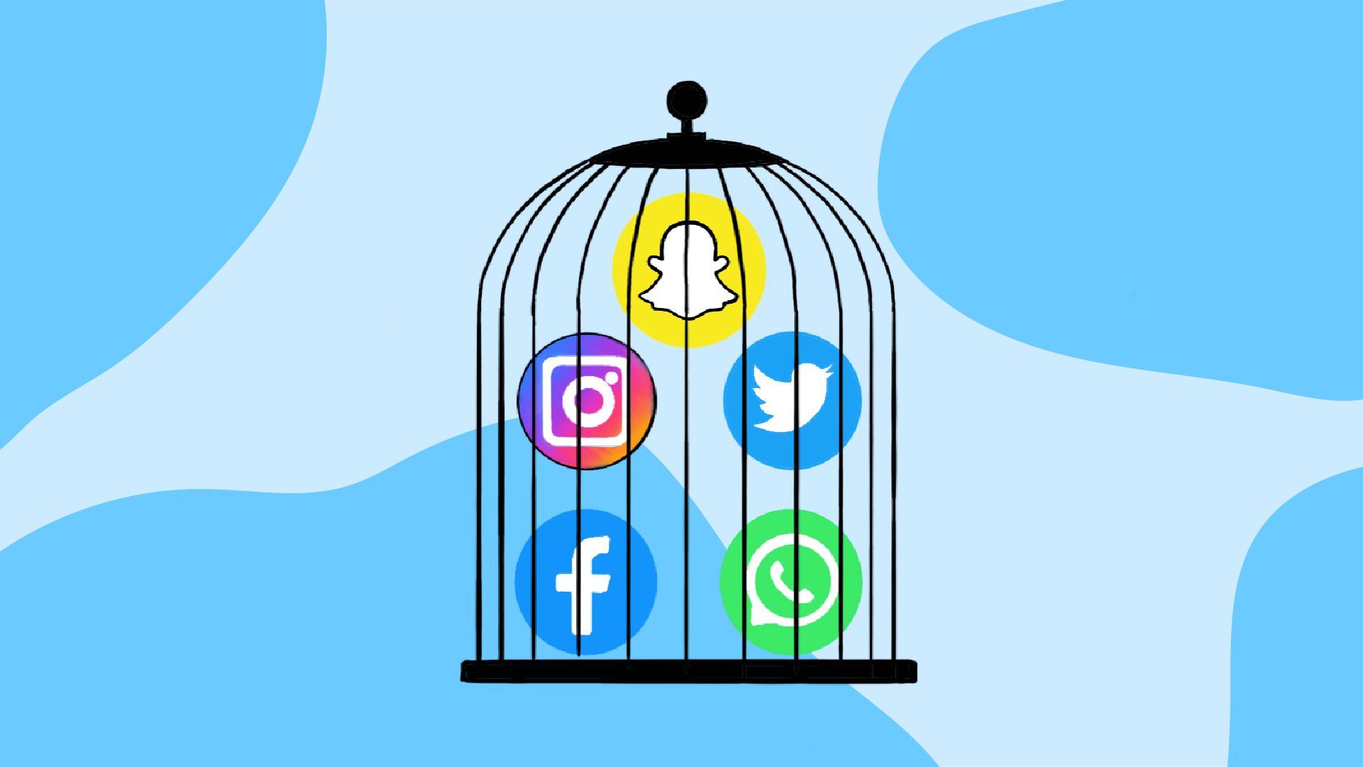 Illustration of multiple social media app icons in a cage