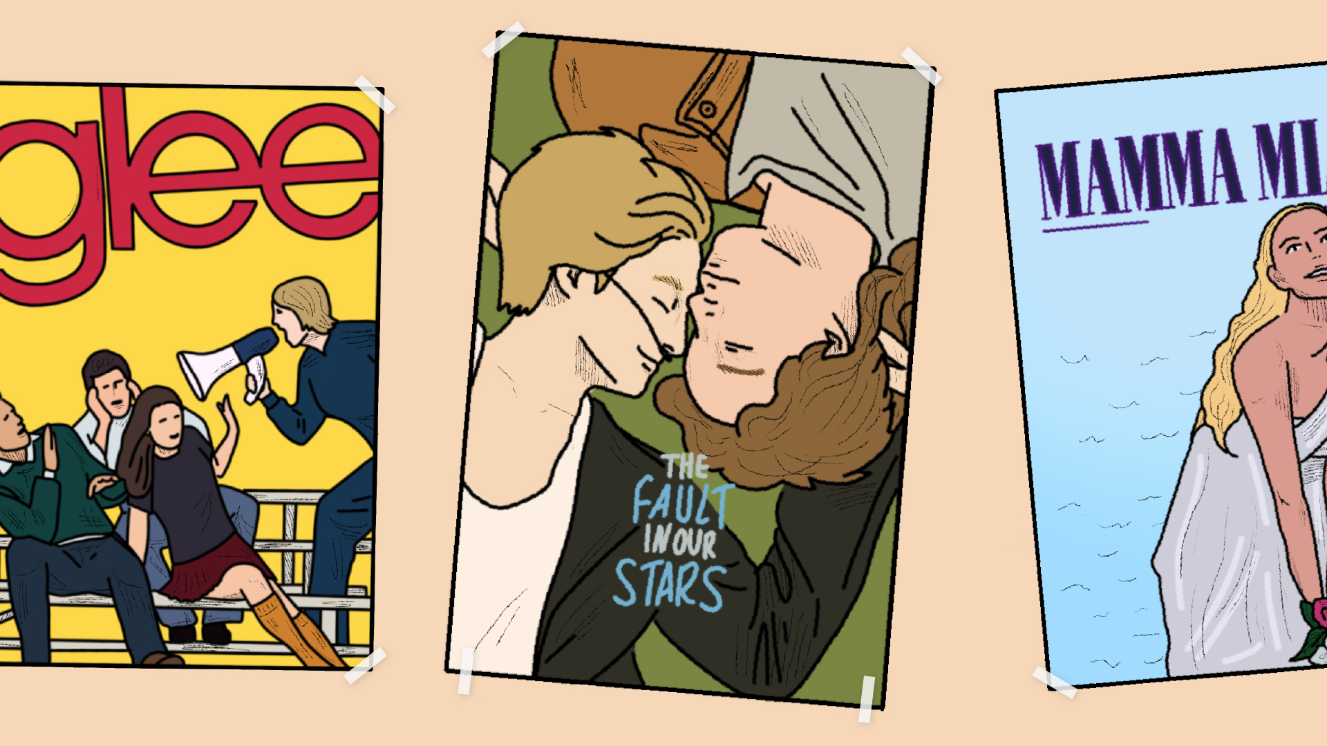 Illustrations of the covers of Glee, The Legend of Zelda: Animated Series, Mamma Mia, and The Fault in Our Stars