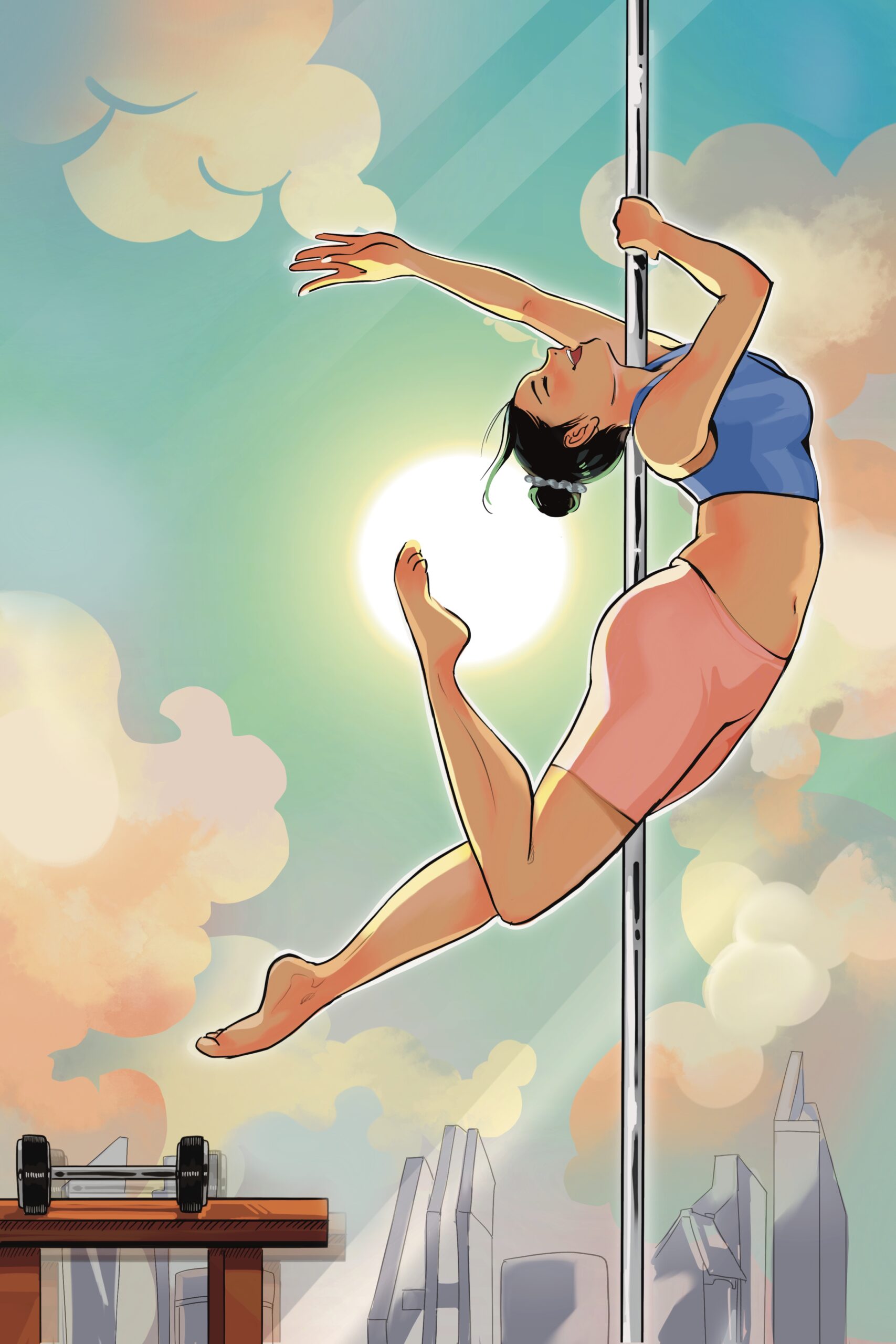 Illustration of a dancer beautifully leaning back from a pole.