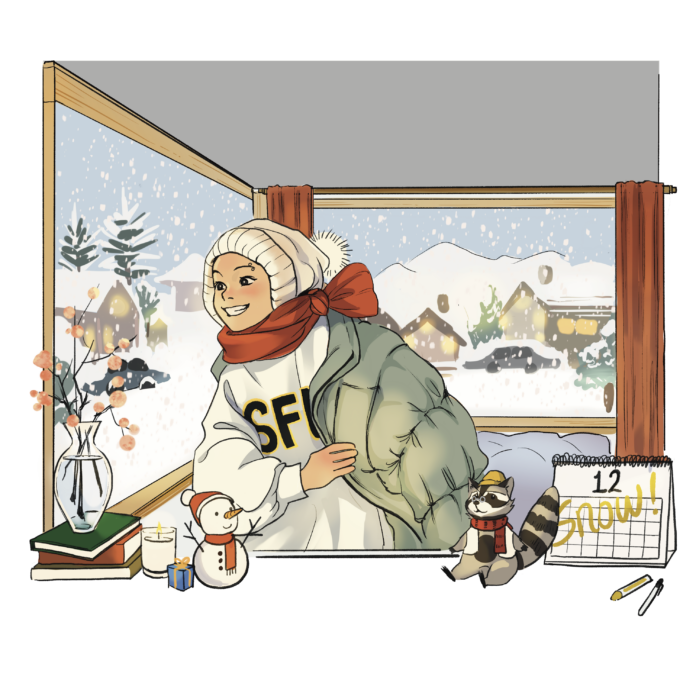 YounginCho_VancouveriteSnow Illustration of a student looking innocent and hopeful as they witness the first snow fall of the season