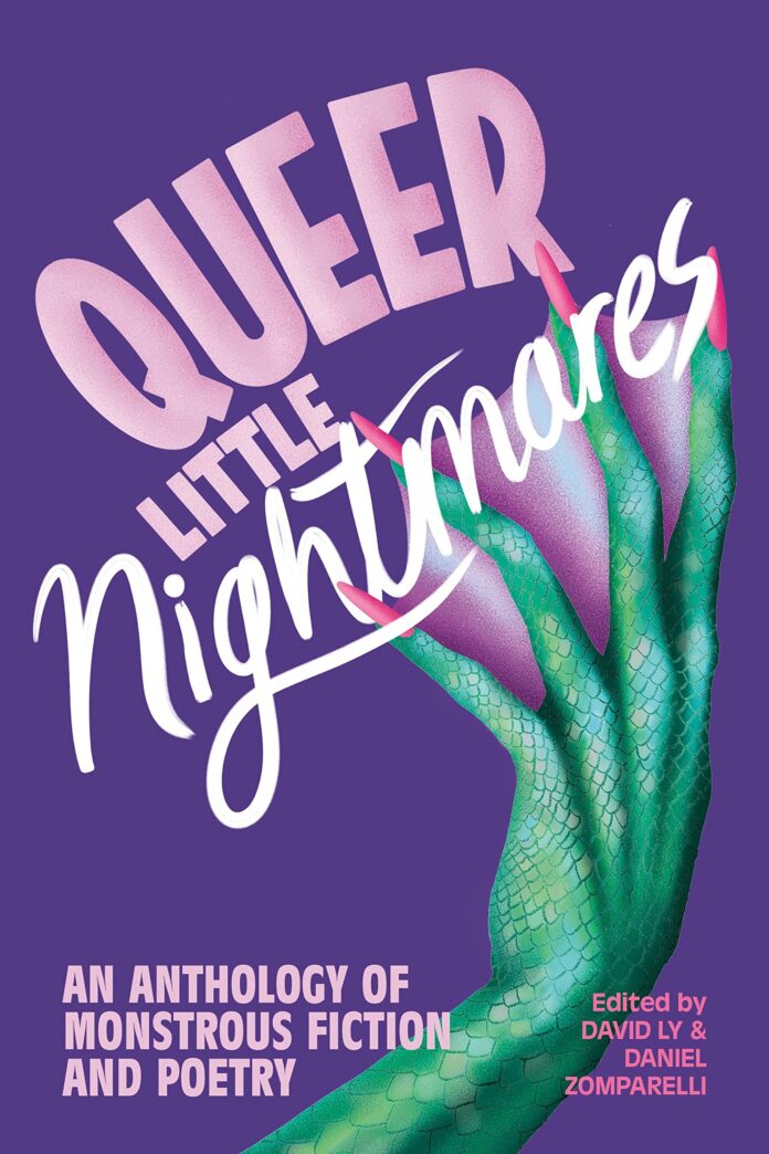 Queer Little Nightmares purple book cover that includes the hand of a monster with long painted nails