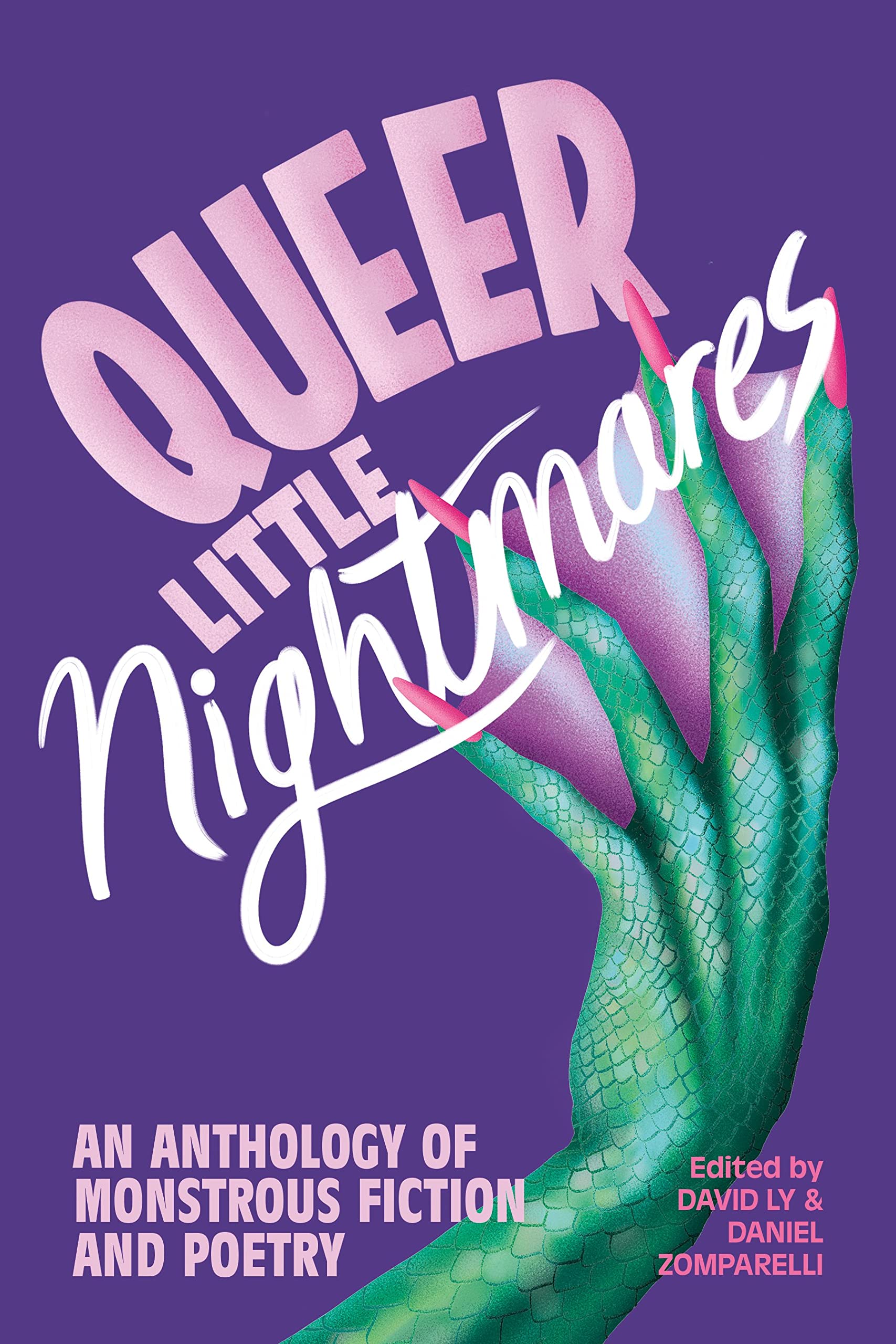 Queer Little Nightmares purple book cover that includes the hand of a monster with long painted nails