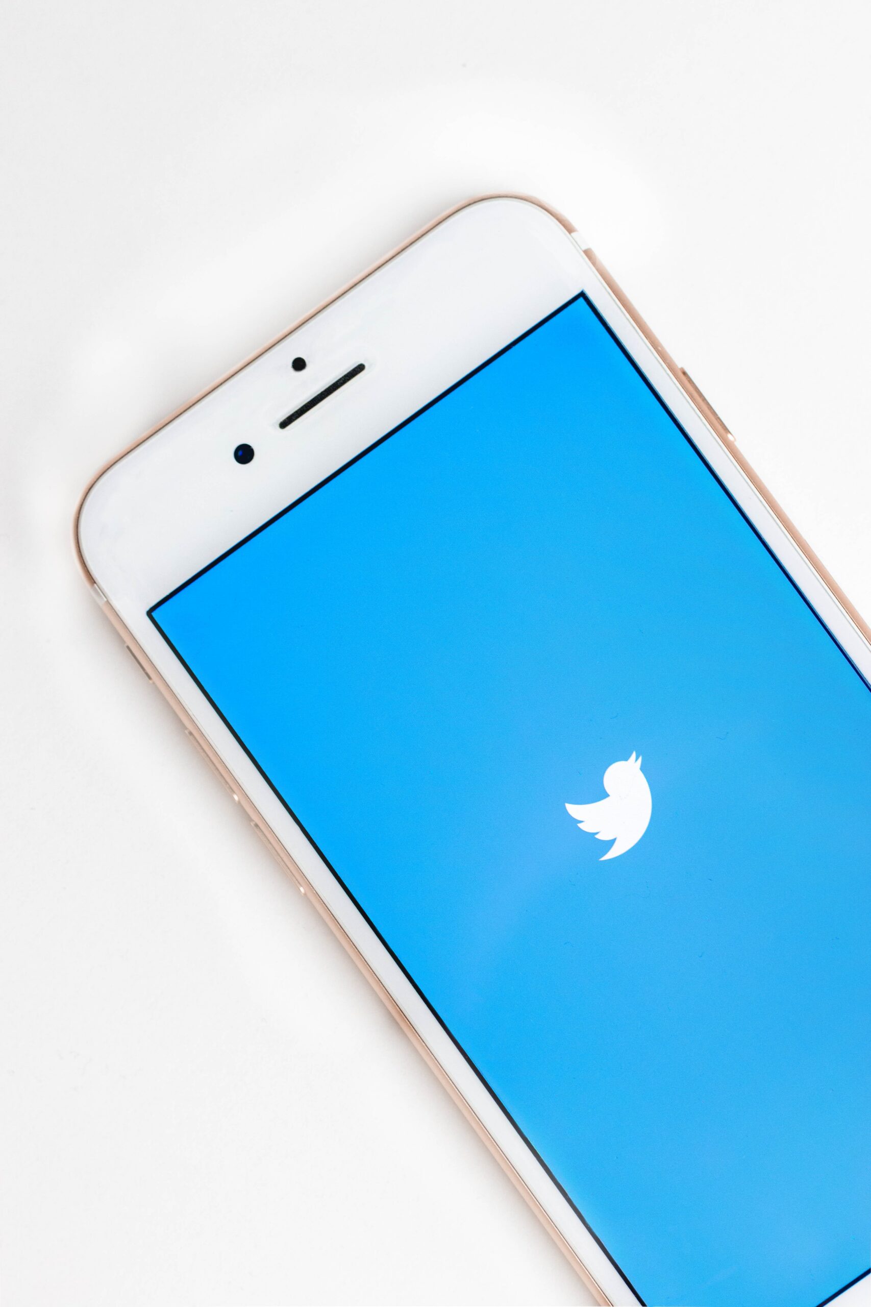 Photo of a golden iPhone 6 with a blue screen and the twitter bird in the middle