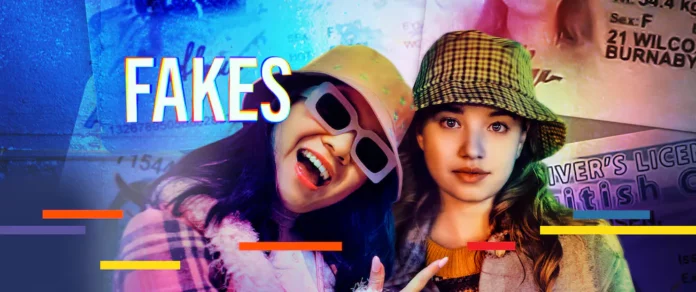 Two girls smile at the camera behind a backdrop collage of IDs and the title “Fakes”