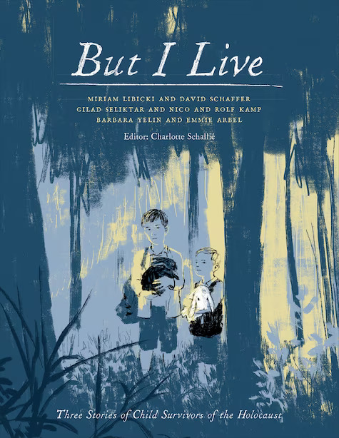 lllustration from But I Live book cover of two boys holding blankets in a forest with a blue colour scheme.