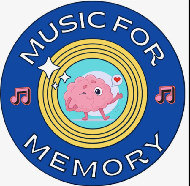 This is the logo for SFU Music For Memory. Inside a blue circle, a cartoon brain is winking and giving a thumbs up. The circle reads Music for Memory.