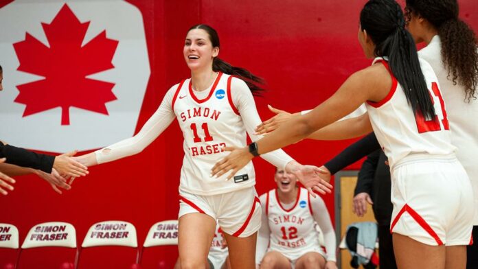 This Week at SFU photo of women’s basketball player Gemma Cutler high fiving teammates.