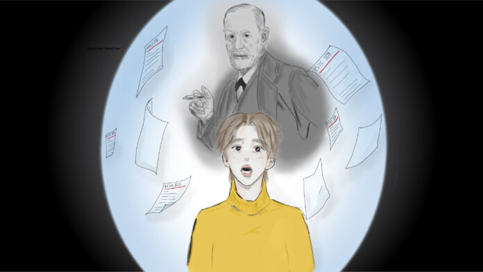 WEB-HaileyGil–SFUnsolved_The inescapable grasps of Freud.png-100 Illustration of a distressed student being surrounded by course syllabi.