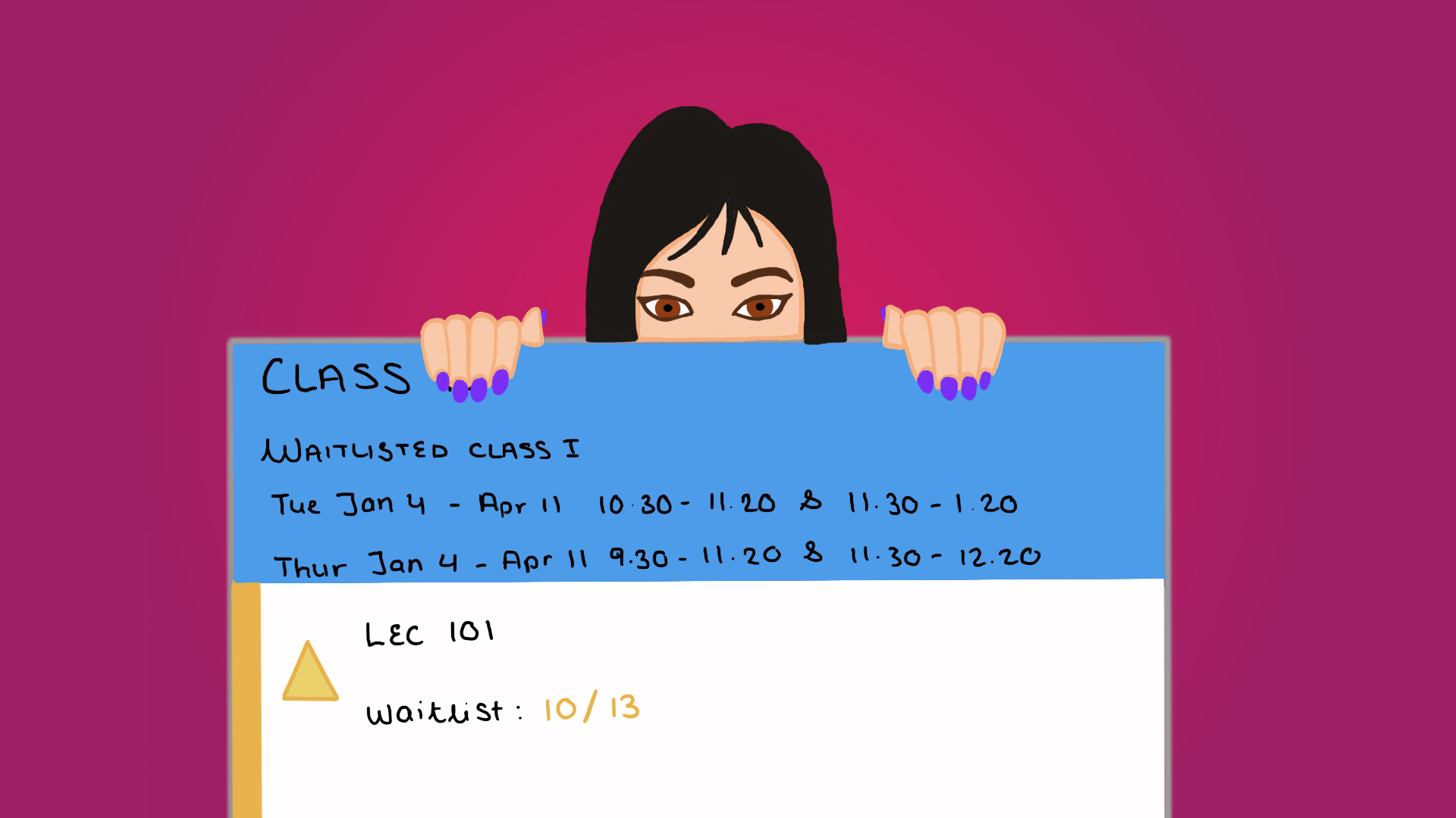 Illustration of a student staring at a laptop. The laptop displays the myschedule website.