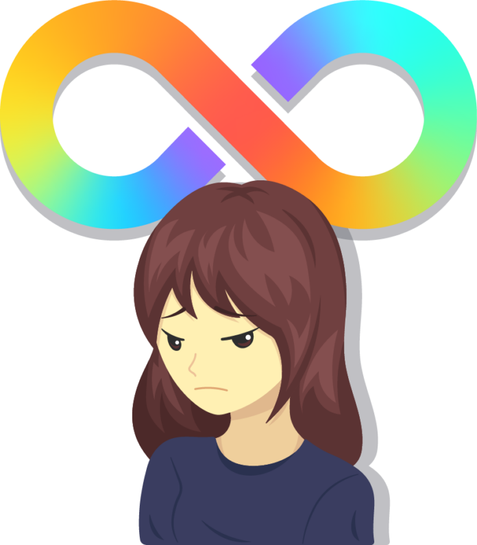 illustration of a disgruntled looking person with the rainbow neurodivergence infinity symbol above their head