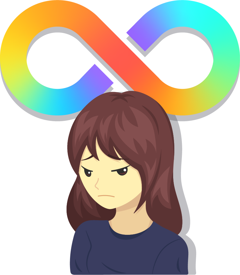 illustration of a disgruntled looking person with the rainbow neurodivergence infinity symbol above their head