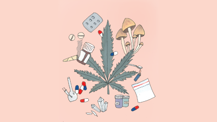 Various drugs and paraphernalia surrounding a large marijuana leaf. Includes pills, cocaine, a joint, heroin, and a bong