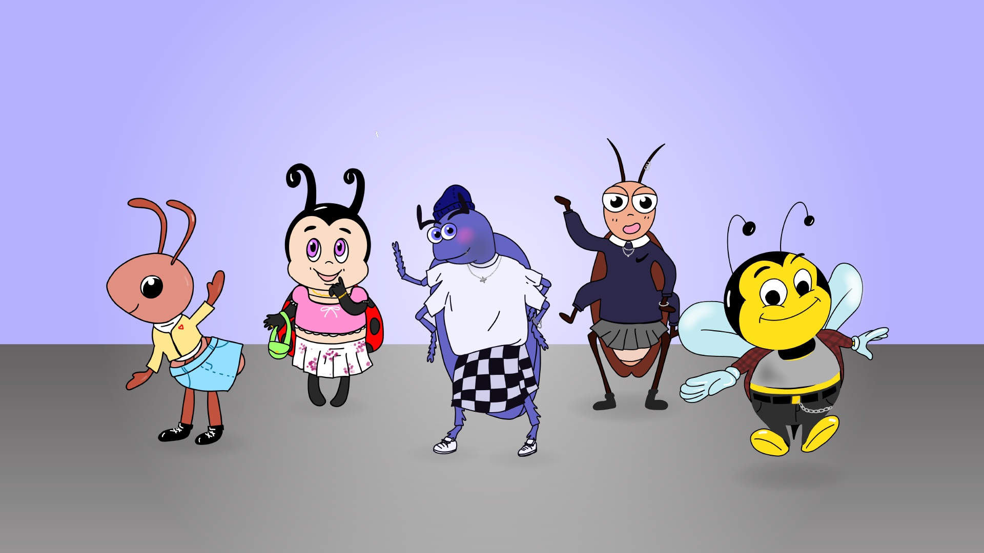 Assorted illustrations of bugs: ants, bees, cockroaches, beatles, and ladybugs in little outfits.