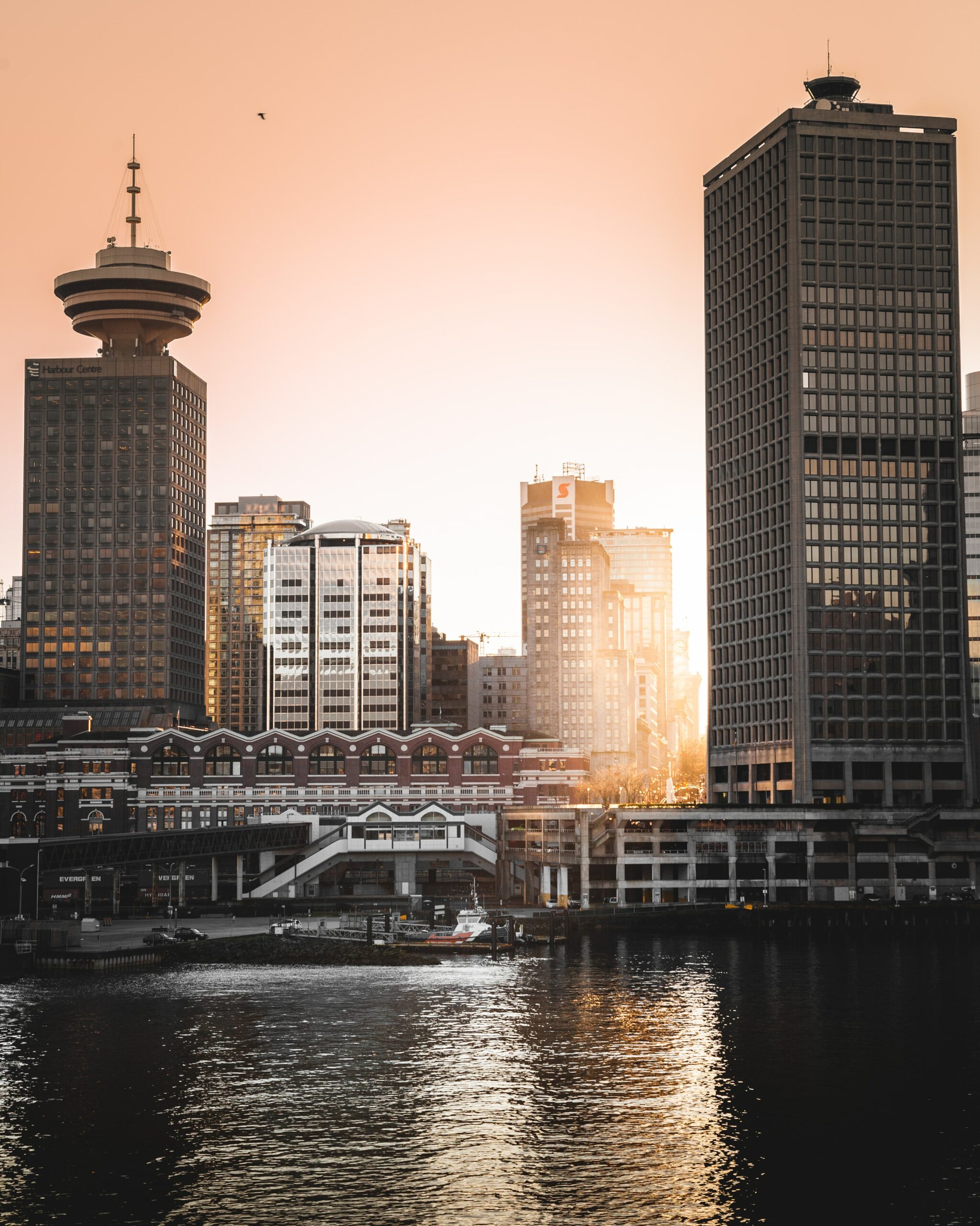 This is a photo of the SFU Vancouver Harbour Centre campus. It is an aerial photo overlooking the harbour.