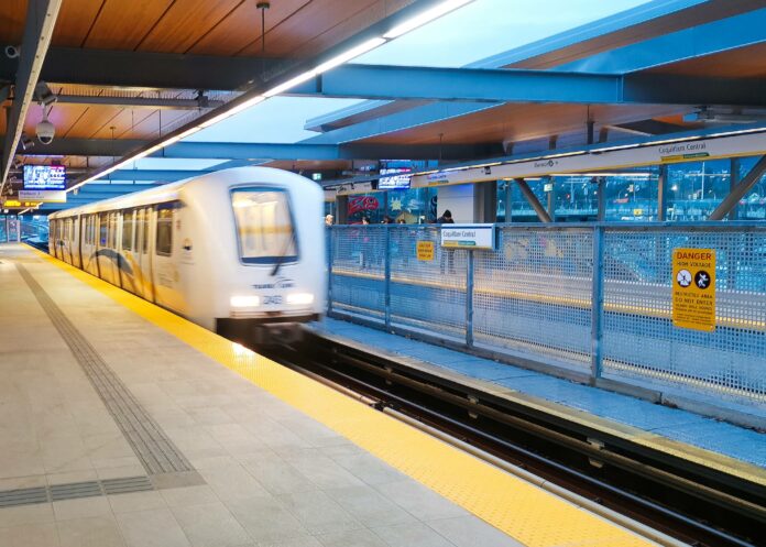 A skytrain in motion.