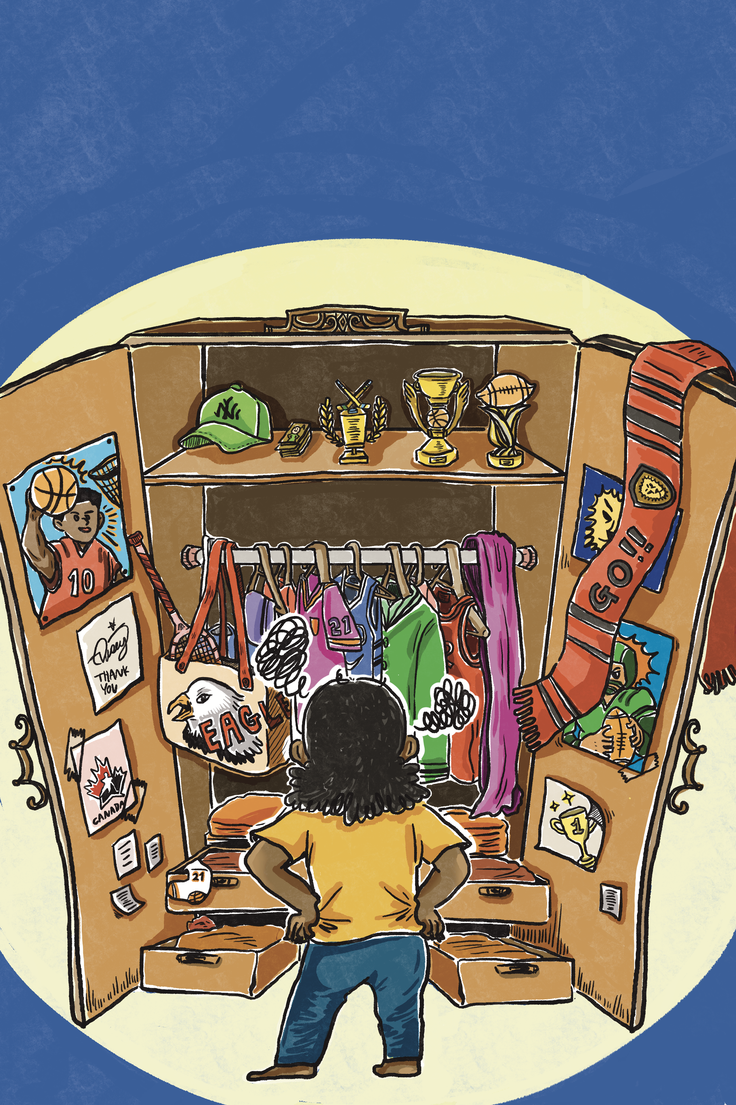 illustration of a sports fan opening a closet full of sports jerseys.