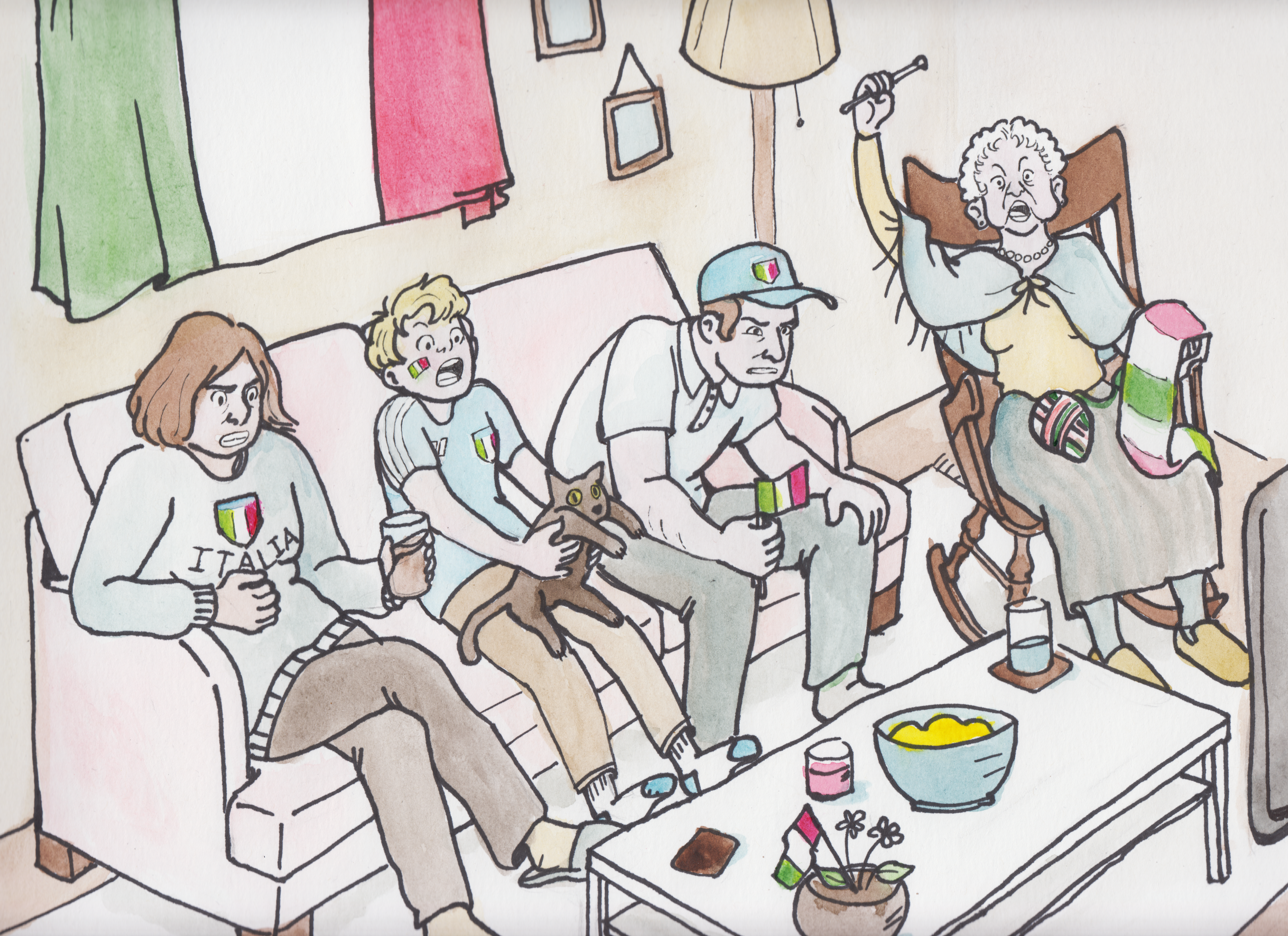 Illustration of a family gathered anxiously on the couch with Italian flags all around them.