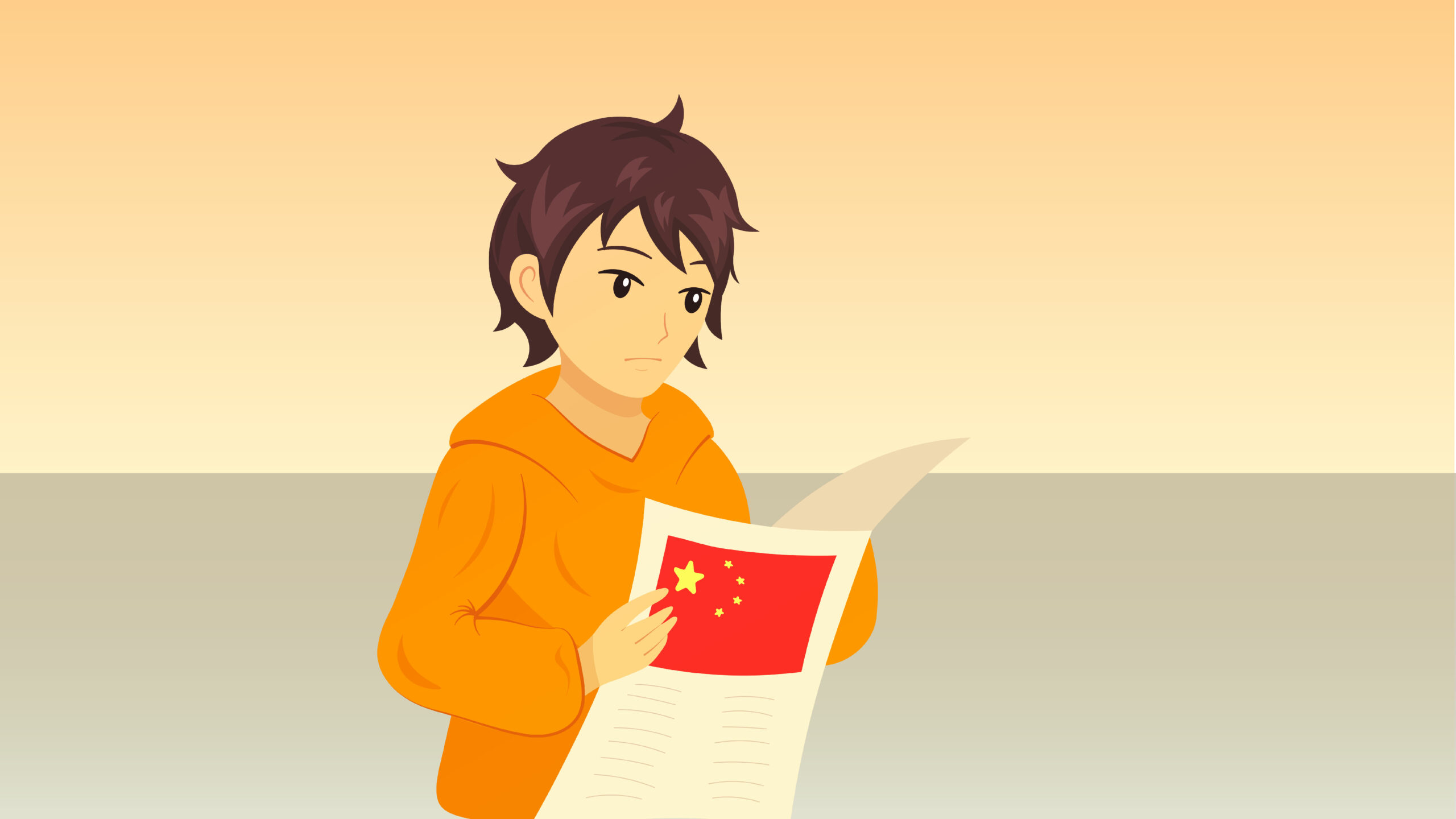 digital illustration of someone reading a newspaper with the Chinese flag on the front