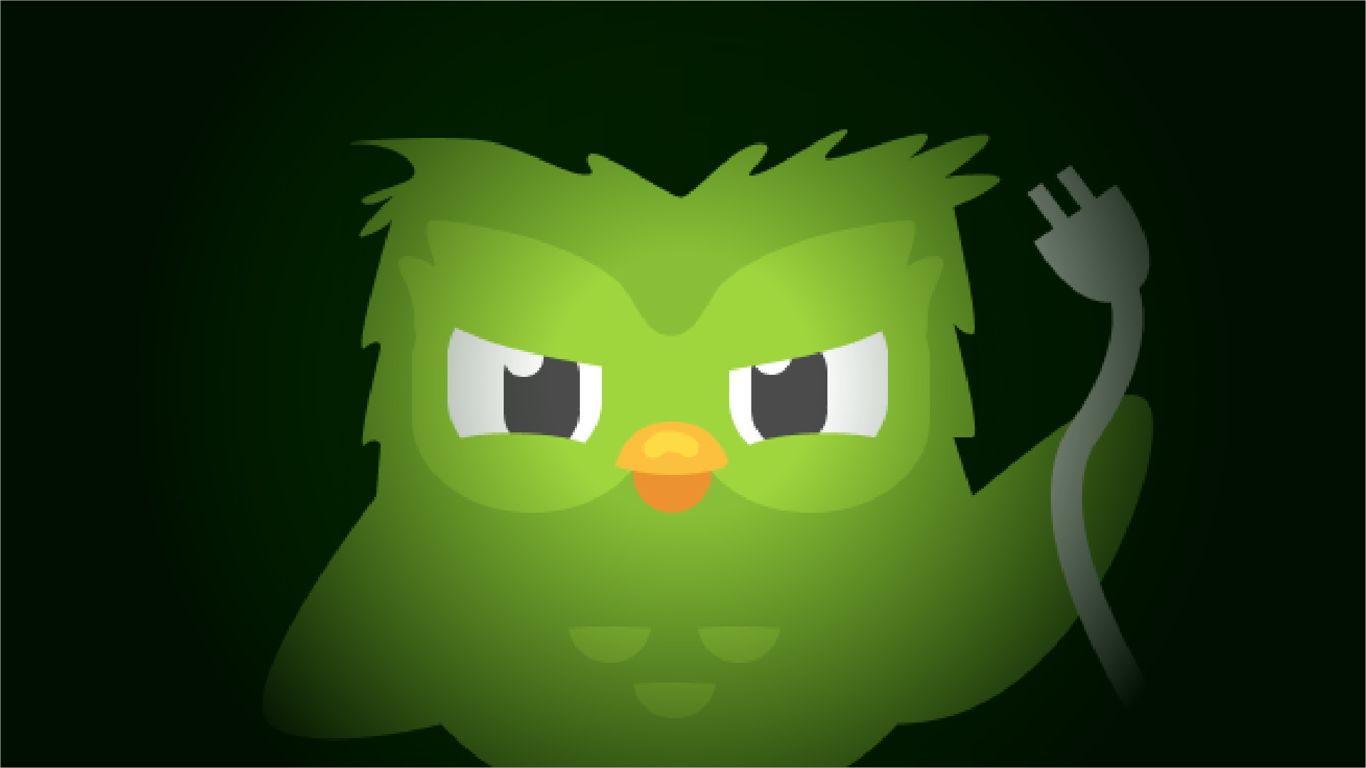 A cropped illustration of Duolingo’s mascot, a green owl named, “Duo,” peering at the viewer.