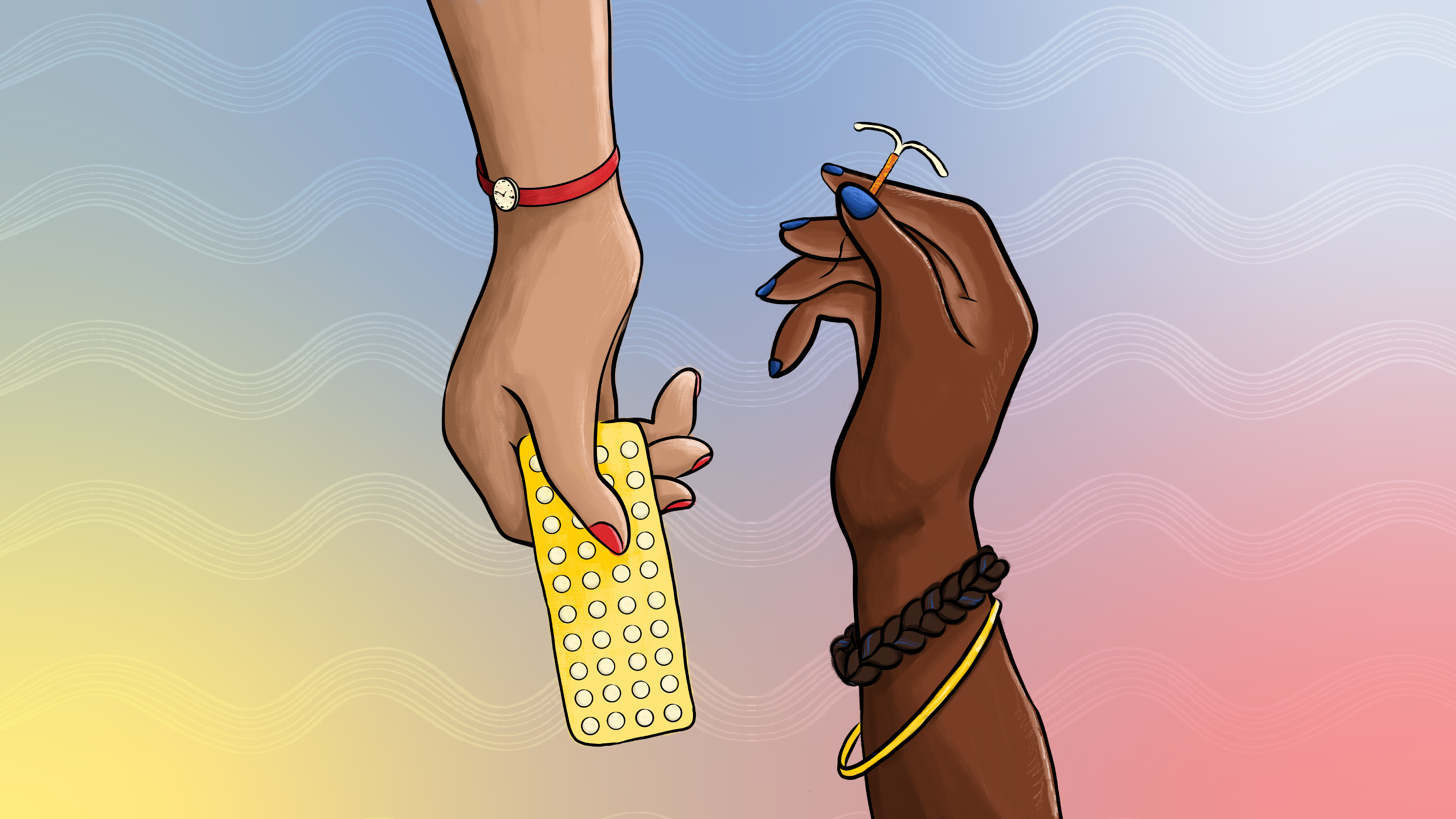 This is an illustration of two hands passing one another a pack of birth control pills and an IUD