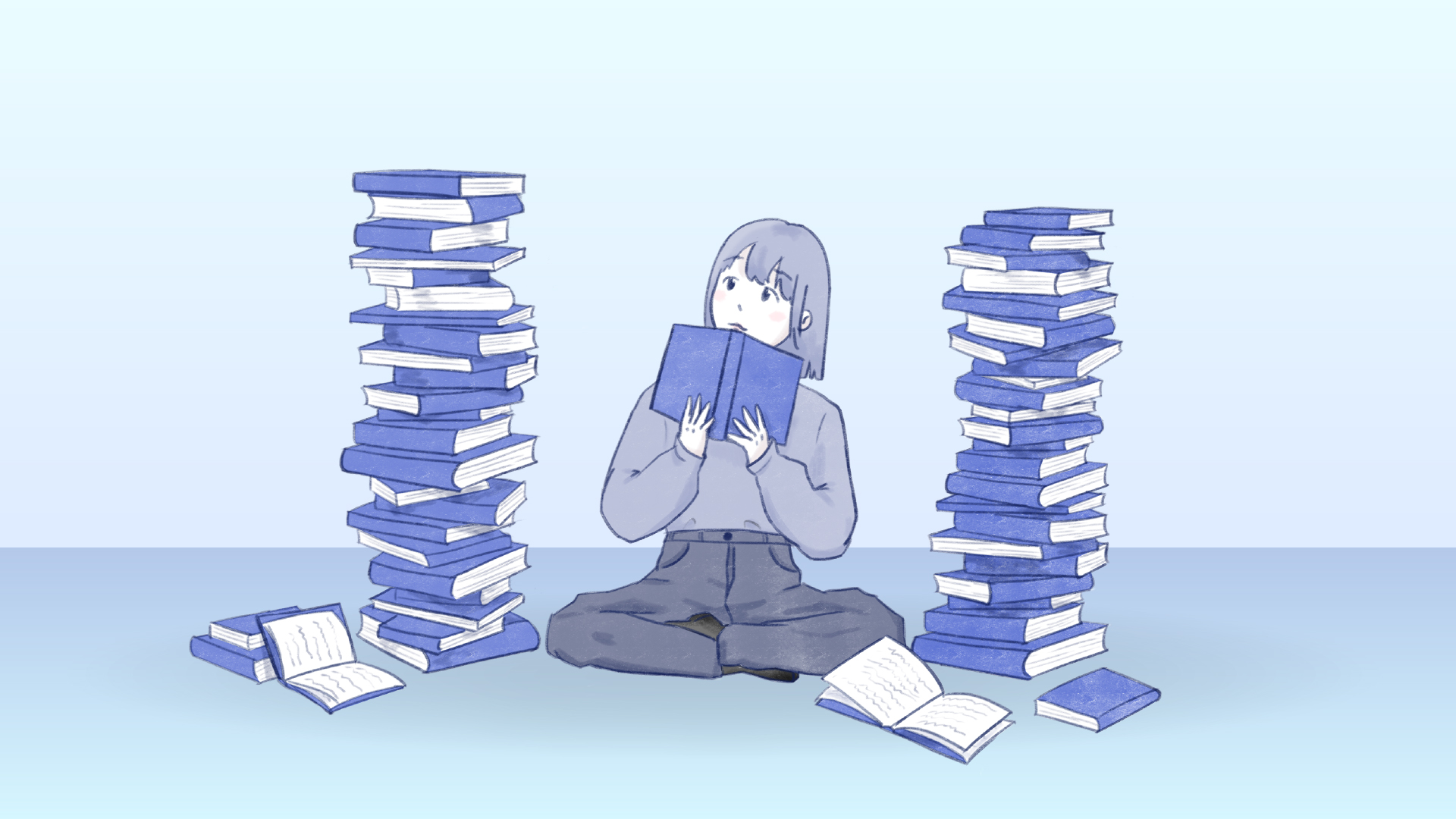 A person sitting criss-cross between two heaping piles of books looking up with an open book in hand