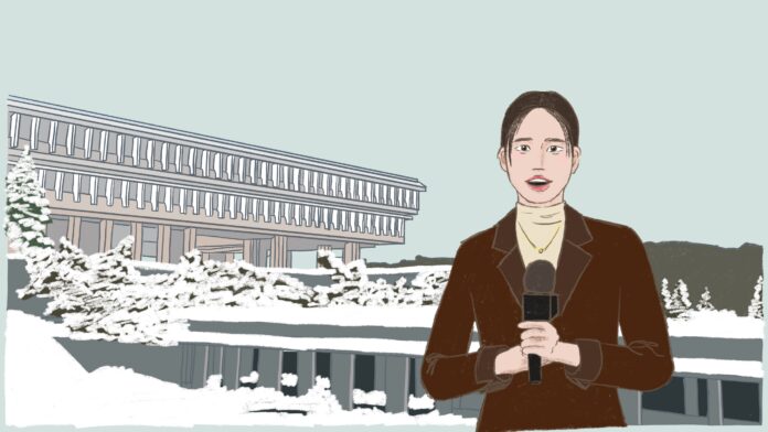 Illustration of a person smiling at the camera. Behind them, the snowy Gaglardi Way going up to SFU, and students visibly grimacing as they push the bus up the hill.