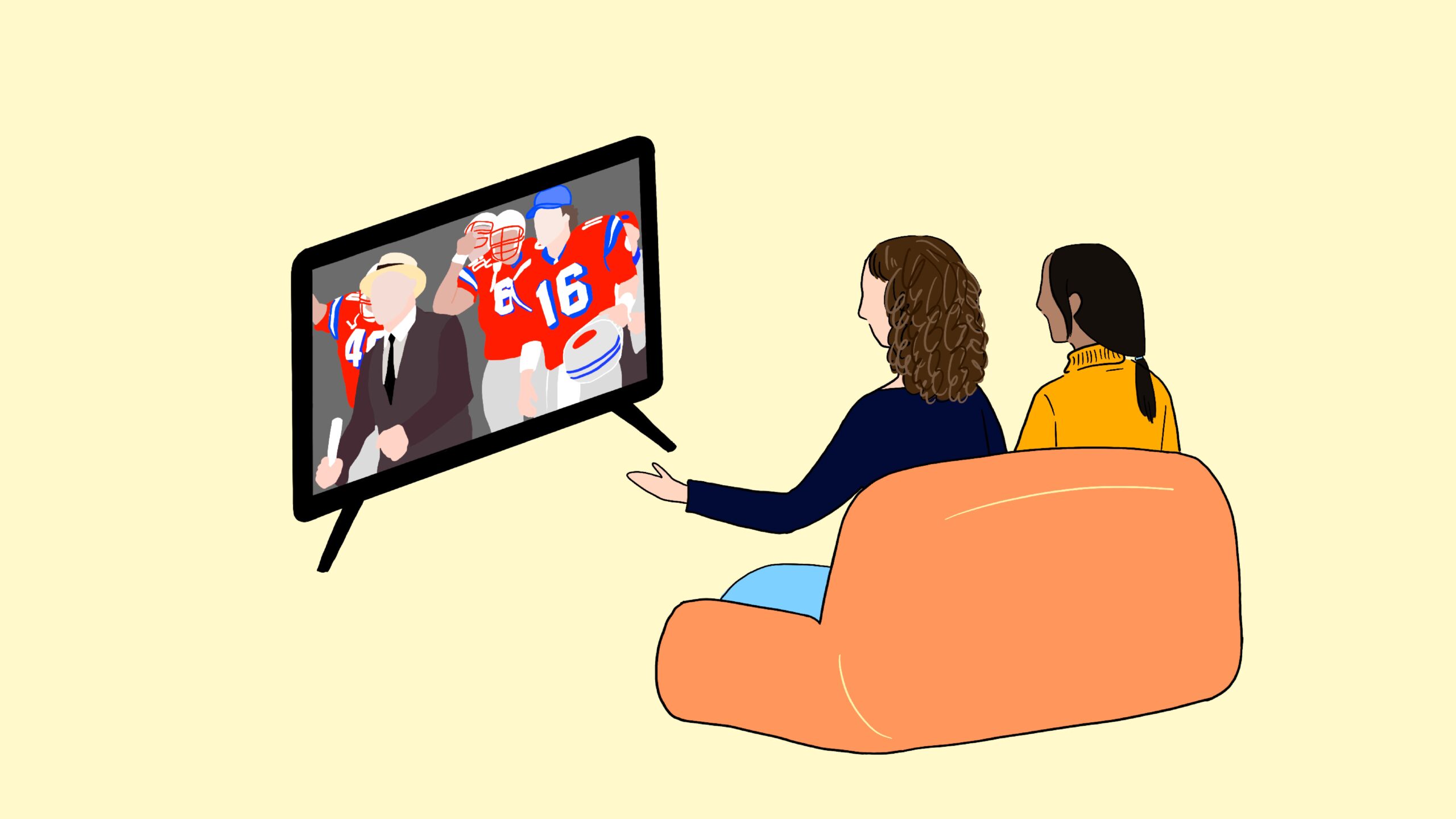 Illustration of two people watching sports movies together on a couch.